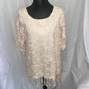 Lady Noiz Cream Blouse Elegant Top Crochet Lace Fringe Size Large